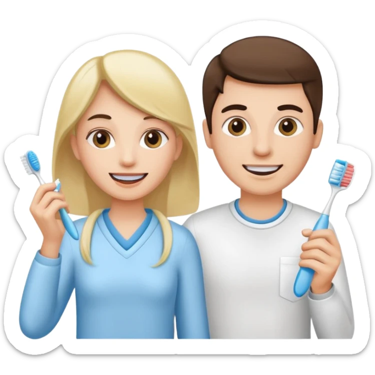 two young adults, a woman and a man, holding a toothbrush and dental floss, on their way to the dentist sticker