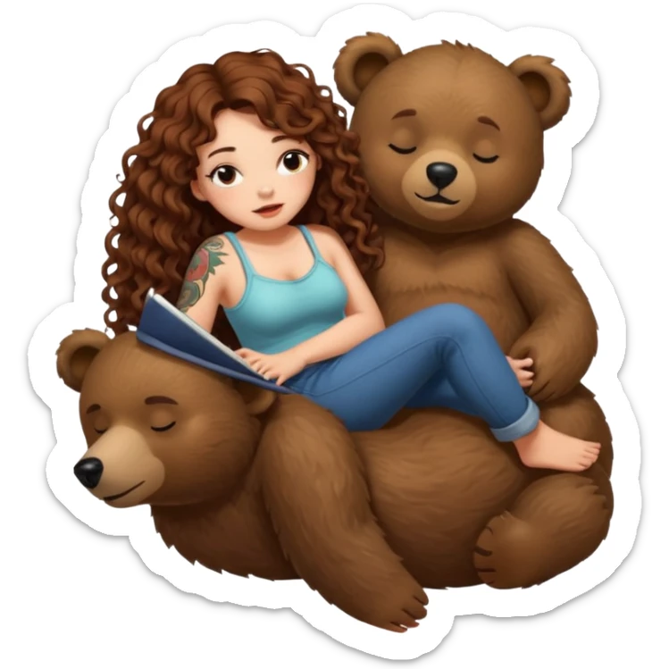 cute woman long curly brown hair tattoos riding sleepy bear sticker
