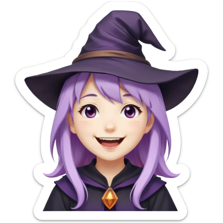 cute anime girl with lilac hair in a witch hat laughing sticker