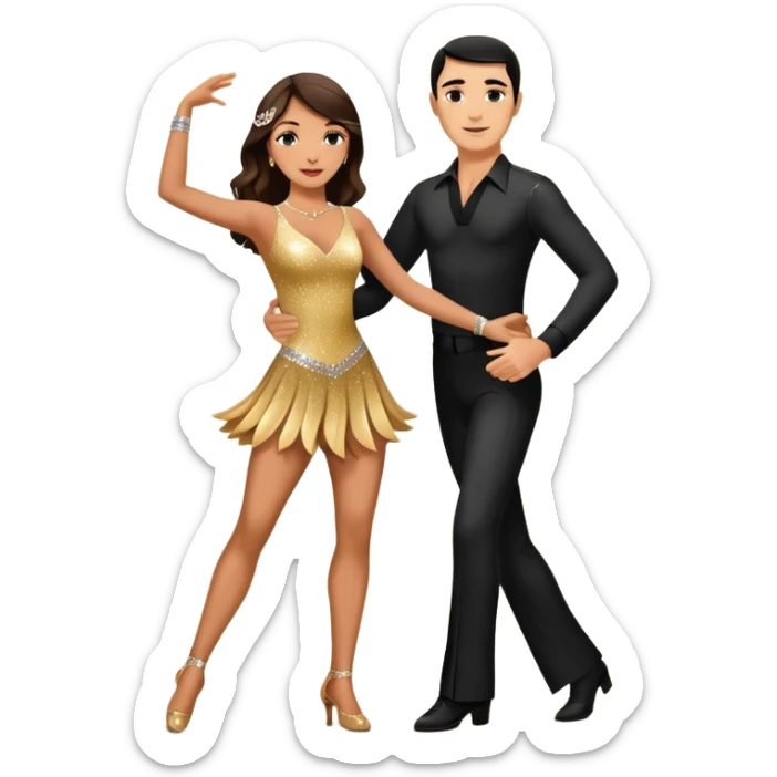 Photorealistic dancesport professional latin couple dancing the samba at the competition dancefloor, the women is in skinny sparkly dress, , the women has brown long hair, the man has short black hair, the man hold woman's hand by his one hand and his second hand is on the women's waist  sticker