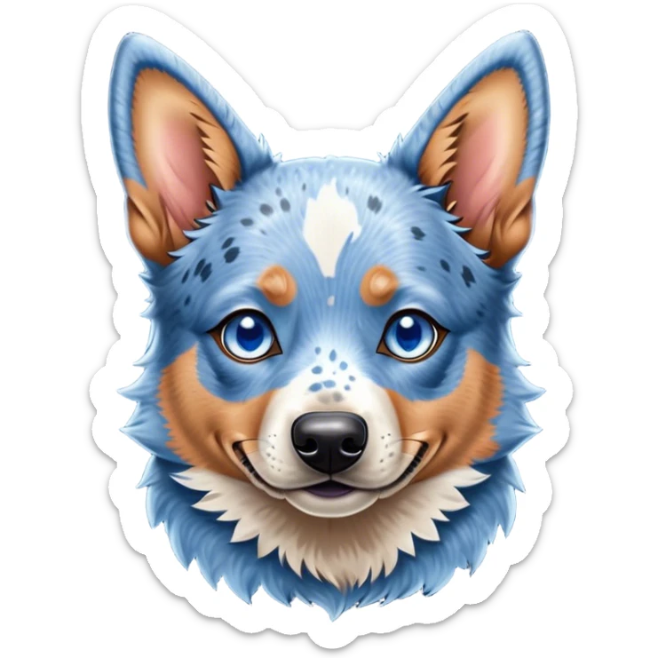 Cinematic Cute Blue Speckle Australian Cattle Dog Portrait Emoji, Head tilted playfully and inquisitively, featuring a vibrant blue speckle Fur with dynamic patterns, round, sparkling blue eyes filled with curiosity, Simplified yet irresistibly adorable features, highly detailed, glowing with a warm, friendly glow, high shine, affectionate and energetic, stylized with a touch of whimsy, bright and endearing, soft glowing outline, capturing the essence of a mischievous yet loving pup, so playful it feels like it could bound out of the screen and into your arms! sticker