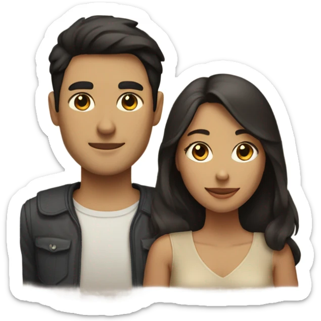 A couple man and woman Both have dark hair, with in the middle of them. A Husky. Golden beige sticker