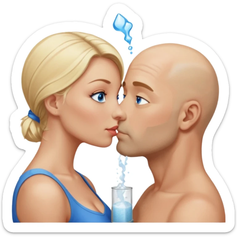 middle age bald man with salt and blonde scruff, blue eyes and blonde woman with blue eyes kissing each other sticker