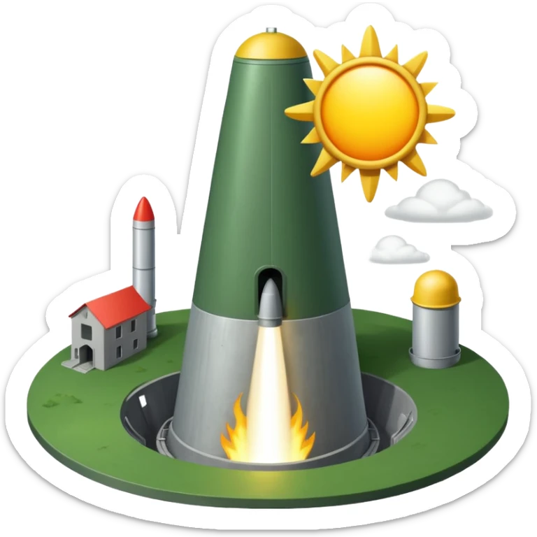 green landscape with sun in top of the background, there is a grey missile silo hatch open, and the top two thirds of a white nuclear missile launching out of the silo is shown sticker