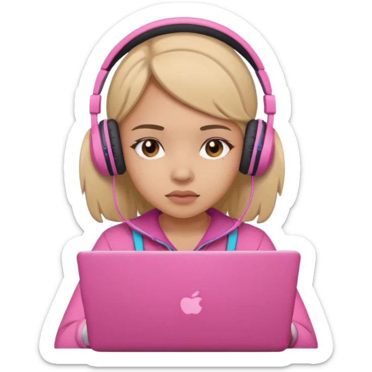 a girl with a pink laptop with headphones, color outline icon style, looking sad sticker