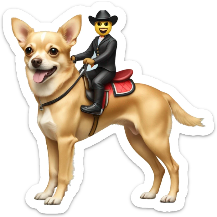 chihuahua riding on top of a golden retriever like a horse jockey  sticker