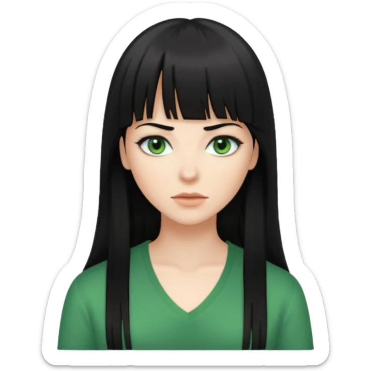 A white woman with Long straight hair with bangs, black hair, green eyes and a low-cut shirt sticker