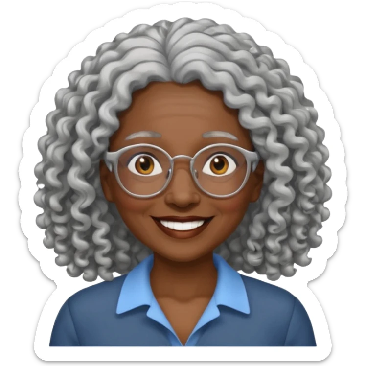 smiling dark older black woman wearing glasses with lots of long curly silver hair a sticker