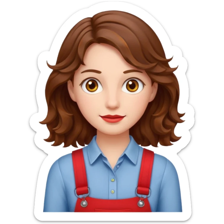 Woman with wavy brown hair and hazel eyes wearing red trouser braces. sticker