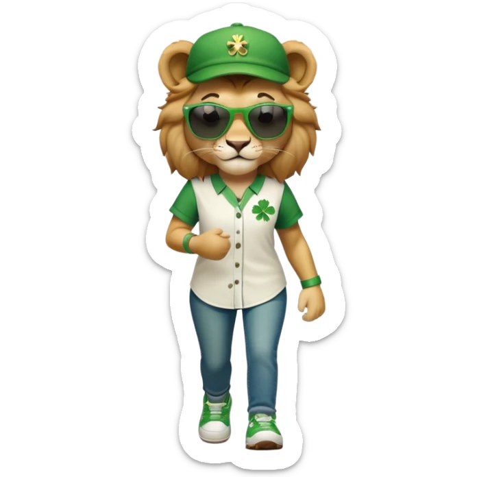 friendly anthropomorphised female lion wearing green and white baseball shirt, jeans, festive St. Patrick's Day accessories, dark sunglasses, walking upright with confident stride sticker