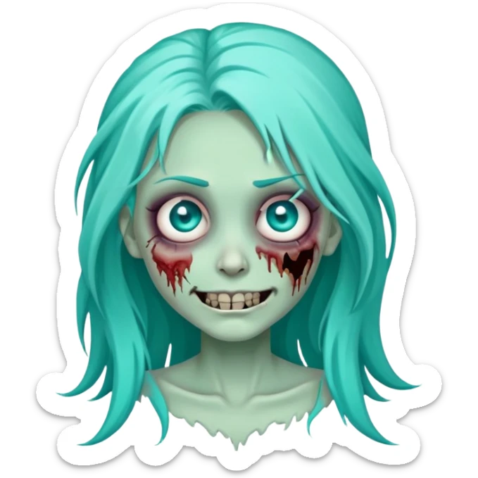 zombie girl with long turquoise hair, one eye missing, creepy smile, cute undead character sticker