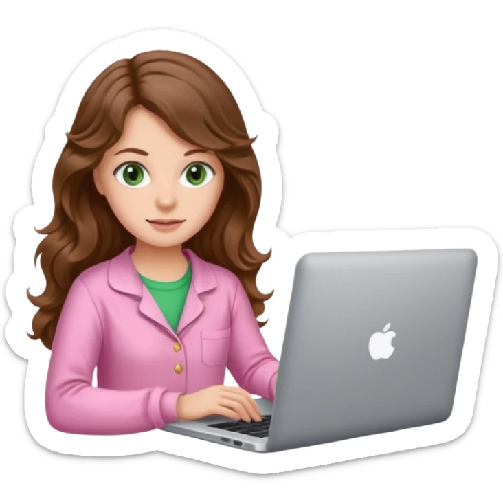 make a picture in ios 18 style of a white girl with brown long wavy hair and green eyes wearing pink pajamas and working on a laptop sticker