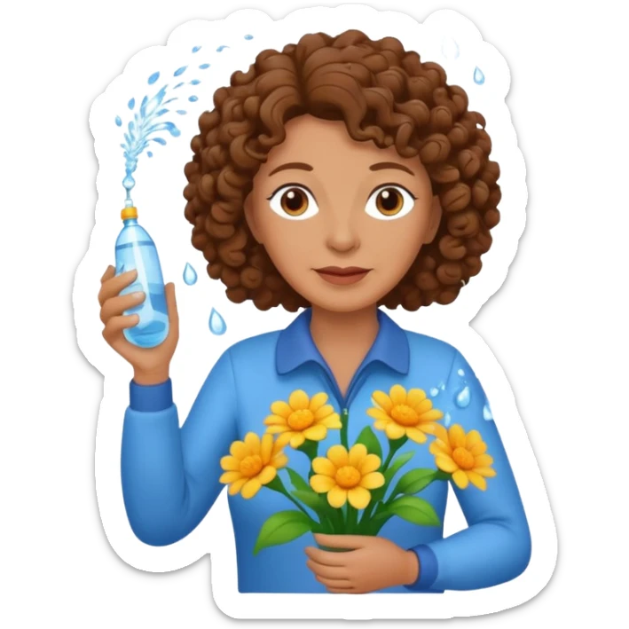 Older female florist – curly hair, spraying water on fresh flowers sticker