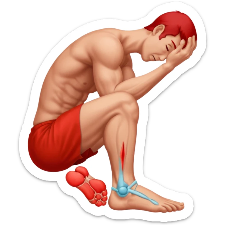Man holding his foot in pain, muscle cramp in feet, red pain highlight on foot, simple medical emoji style, clean background sticker