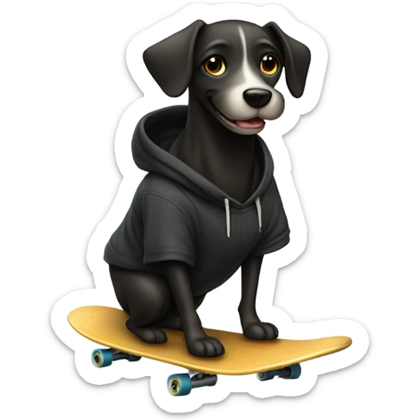 Dog wearing a black hoodie riding a skateboard with his hands in the pockets while having a grin on his face  sticker
