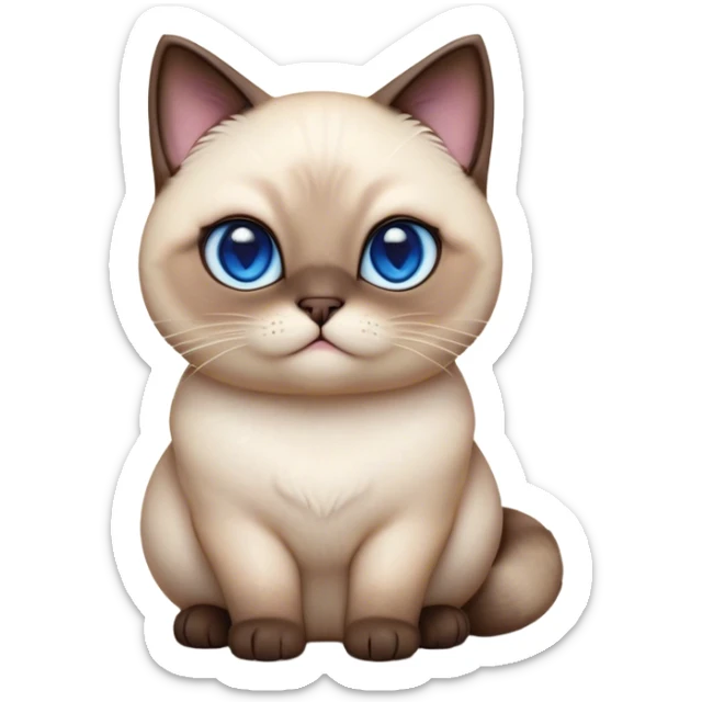 Cinematic Cute Chubby Siamese Cat Portrait Emoji, Round and plump body, soft cream-colored fur with rich dark points on the ears, face, paws, and tail, big, sparkling sapphire-blue eyes, Simplified yet irresistibly adorable features, highly detailed, glowing with a warm, cozy glow, high shine, curious yet calm, stylized with a touch of whimsy, bright and endearing, soft glowing outline, capturing the essence of a mischievous yet lazy and loveable kitty, so cuddly it feels like it could waddle right out of the screen for a snuggle! sticker