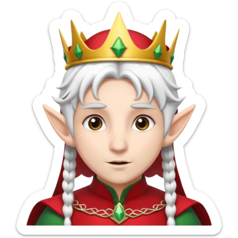 an elf with crown on the head, wearing black and red clothes, white hair sticker