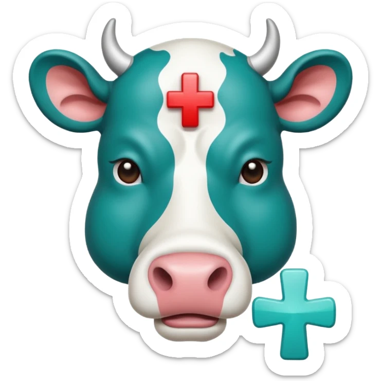 Emoji-style icon of a cow and buffalo with a medical cross and warning pulse or health indicator, showing disease detection. Simple emoji design, teal and white theme, no text, transparent background. sticker