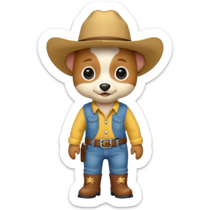 a very cute and adorable anthropomorphic puppy with a cowboy hat ,yellow shirt and blue jeans and brown boots is walking  sticker