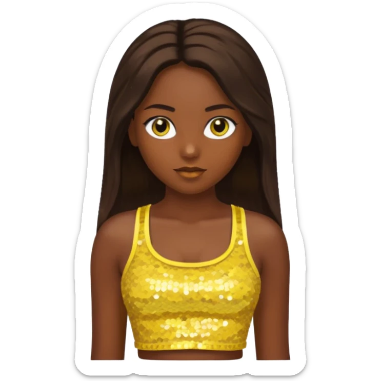 Sasha from Bratz with long dark brown hair, dark skin, hazel eyes, yellow sequin crop top sticker