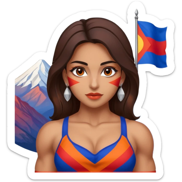 sexy and muscled, full body, brown skin Armenian caucasian girl, sexy Armenian girl, beautiful eyes, makeup, earrings, muscled, surrounded by mountains, Flag of Armenia - red, blue and orange stripes sticker