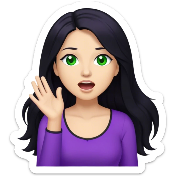 Woman with long black hair and green eyes with a purple top singing sticker