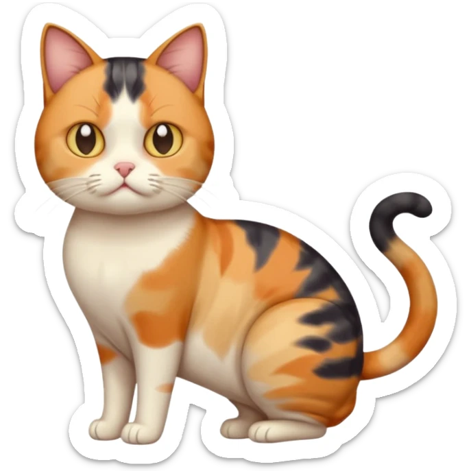 full body calico cat with skinny head and fat body with an anxious face sticker