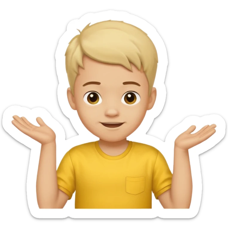 boy with baby hair cut shrugging his shoulder, wearing yellow shirt and smile sticker
