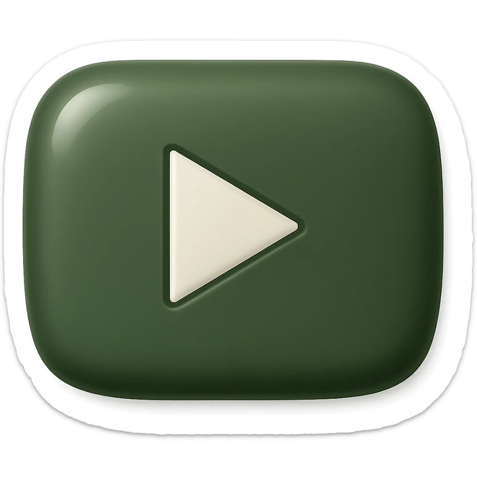 Create a logo of YouTube in the style of iOS emoji. The logo should be volumetric with soft shadows, in dark green color, and have the shape as shown in the reference image. The background should be transparent and the style should be minimalist, matching the iOS emoji aesthetic. sticker