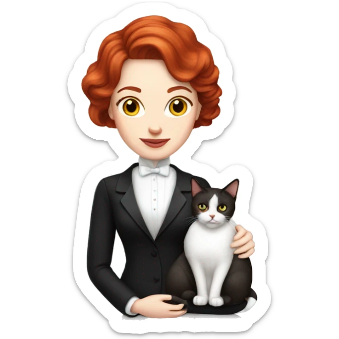 Women with red wine hair, pale skin, wearing white sweater, holding a tuxedo cat sticker