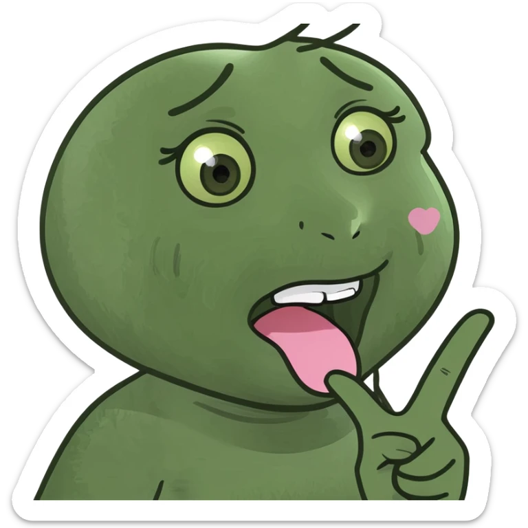 girly character sticking tongue out and showing peace hand sign, meme emoji style, cartoonish, funny sticker