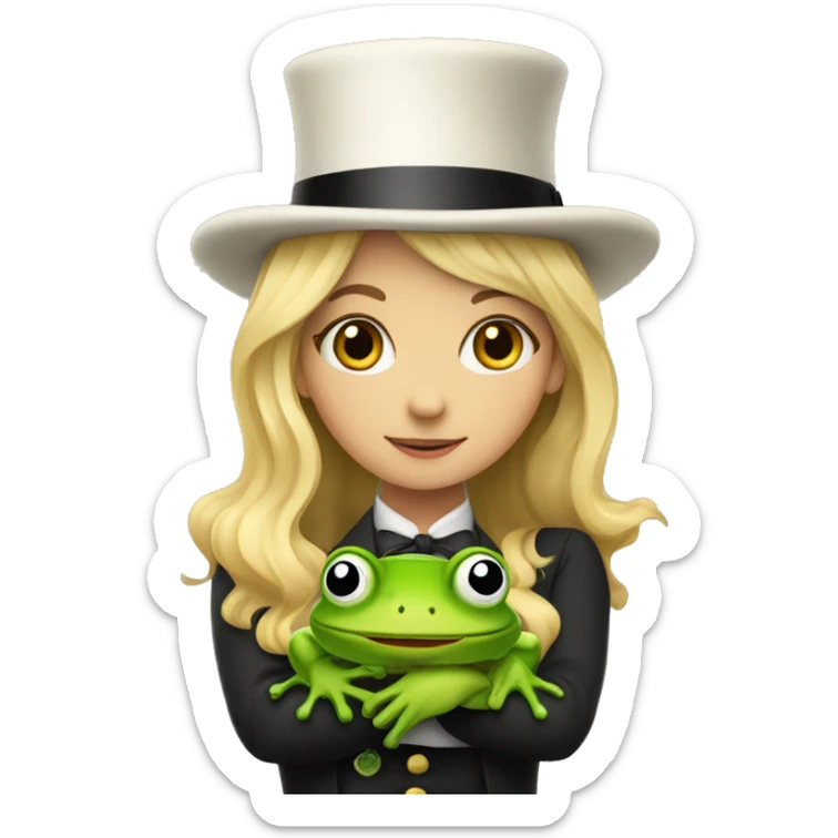 A blonde girl wearing 3 top hats on top of each other holding a frog  sticker
