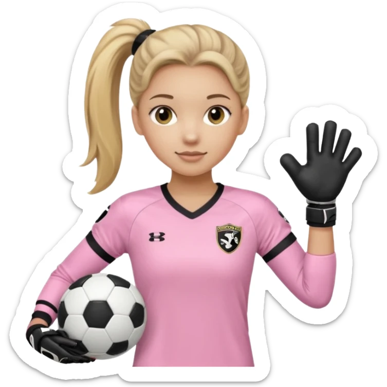 Make a dirty blonde football goalkeeper with goalkeeper gloves on holding a regular  The girl is light skinned and wearing a light pink football. Wearing a ponytail with the dirty blonde. Make it without the whole body. With full sleeves. WITHOUT A RUGBY BALL JUST REGULAR BLACK AND WHITE BALL sticker