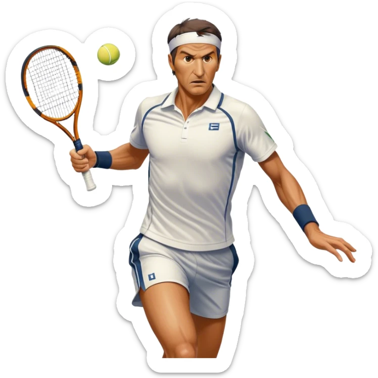 Cinematic Realistic portrait of Goran Ivanišević, depicted as an iconic tennis player in dynamic motion with detailed athletic gear and intense focus, illuminated by bold stadium lighting that accentuates his competitive spirit. sticker