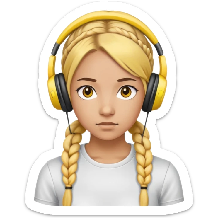 "- Nữ
- 20 tuổi
- Da nâu
- Tóc tết 2 bím, tóc vàng
- Đeo tai nghe
- Mặt nghiêm túc
" sticker