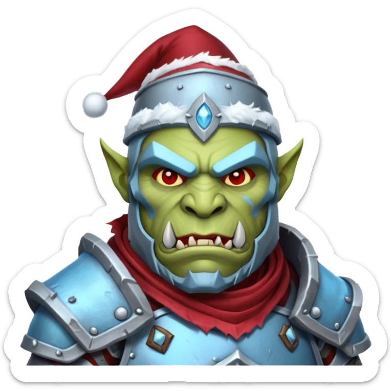 
Fantasy Christmas orc legion soldier icon, iron tundra army theme, heavy winter armor, disciplined brutal look, icy blue steel armor with deep crimson accents, frozen metal texture, cold winter atmosphere, male variant sticker
