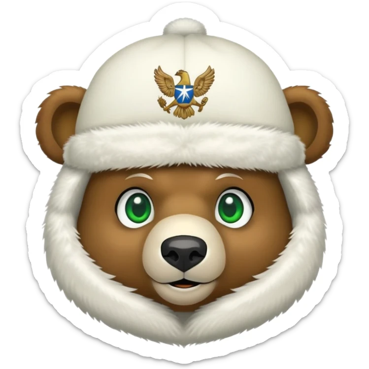 Simple cartoon bear face with green eyes and small smile, white furry ushanka hat with minimal Russian Federation eagle emblem, iOS emoji style sticker