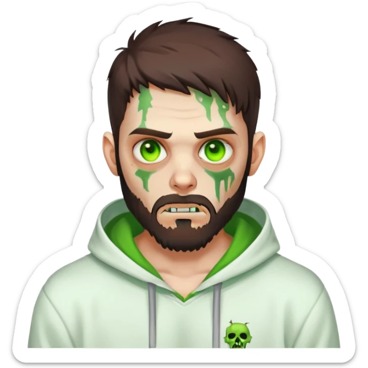 zombie making peace sign, undercut hairstyle with dark brown hair, short full beard, glowing green eyes, wearing plain white hoodie sticker