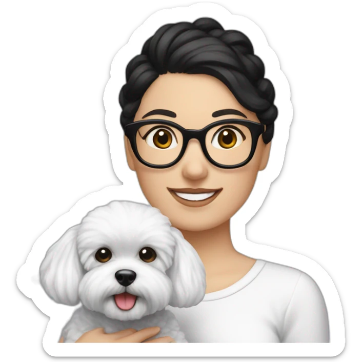 woman-white skin-black hair-bun-with glasses-with bichon dog-white-smile-Christmas sticker
