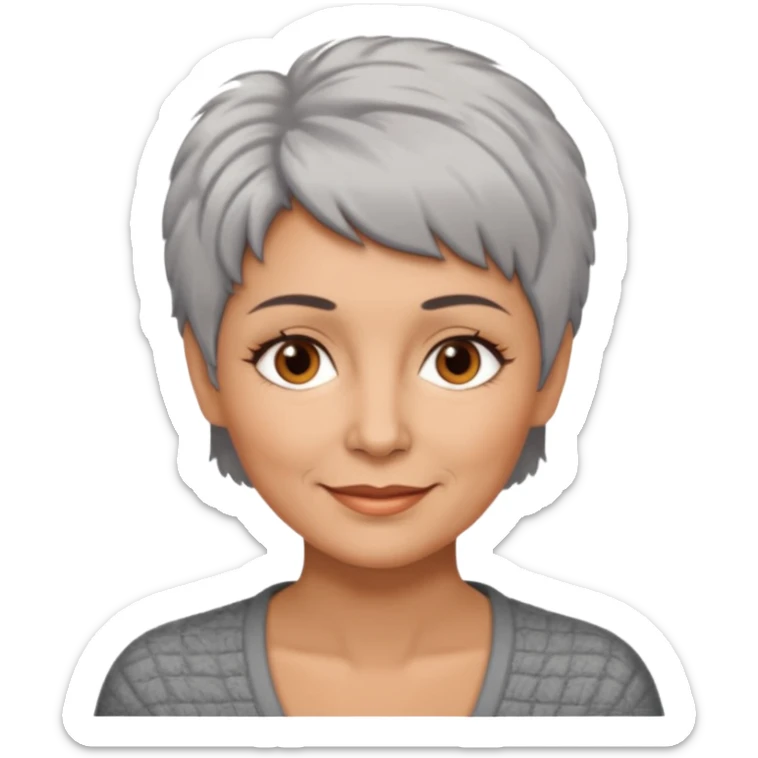 woman 50 years old, short grey fluffy cut hair, tannes skin and brown eyes sticker