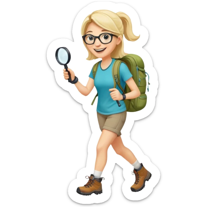 Extremely happy joyful woman in her late 30s with glasses wearing sporty outfit, hiking boots, and backpack, holding a magnifying glass with big smile sticker