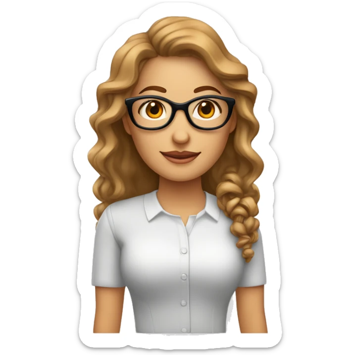 Mujer blanca de 45 años con el pelo rizado largo de color castaño con gafas y los ojos castaños con la nariz grande vestida de ejecutiva trabajando mucho  sticker