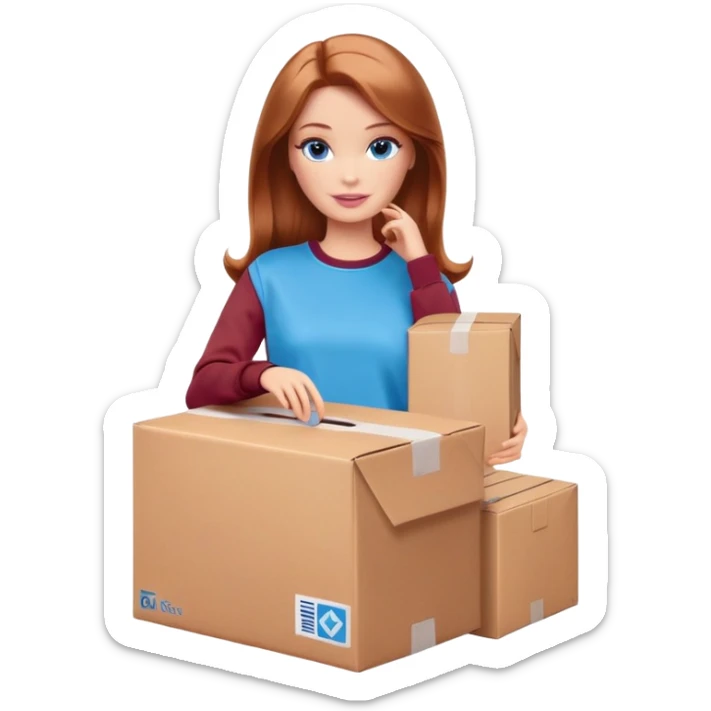 Barbie in a brown sweatshirt with shoulder-length reddish-brown hair, blue eyes with makeup, stands with a parcel box sticker