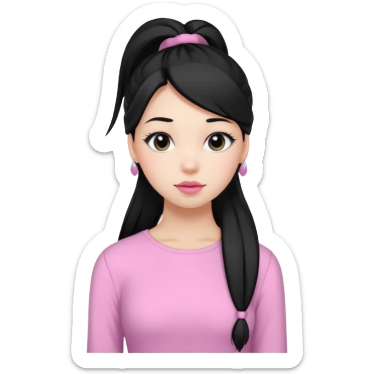a woman with long sleeve dress top, her hair is long black pony tail, her face is soft girl style, her eyes color are black and the color of her lip is soft pink sticker