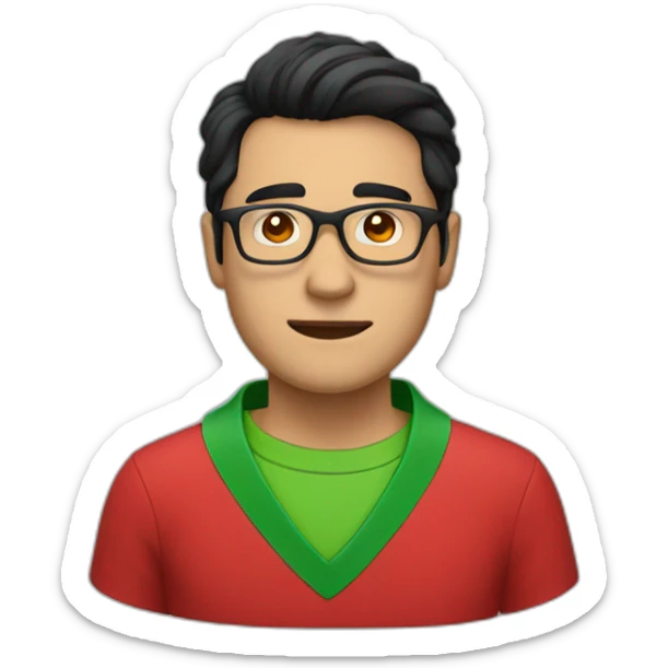 Man with black hair and glasses wearing red shirt with green collar sticker