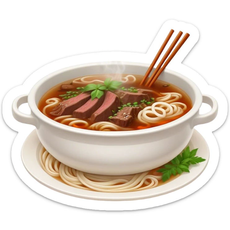 Cinematic Realistic Pho Dish Emoji, depicted as a steaming bowl of aromatic beef noodle soup with herbs rendered with lifelike textures and vibrant, warm lighting. sticker