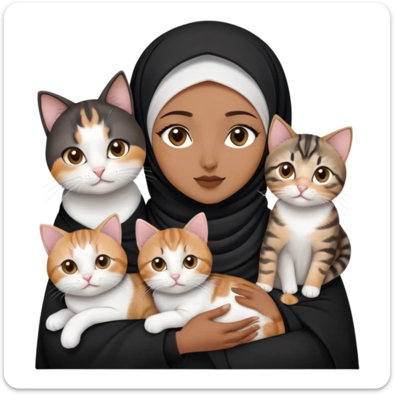 beautiful brown skin hijabi with dark brown eyes and black hijab with (one chubby calico cat, one chubby tabby cat, one tabby cat with left cataract eye, one tabby mix white cat, one black cat and marble tabby kitten) make holding one of the cat sticker
