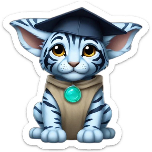 cutie blue skin tiger whole body sit similar to baby yoda with a college mortarboard sticker