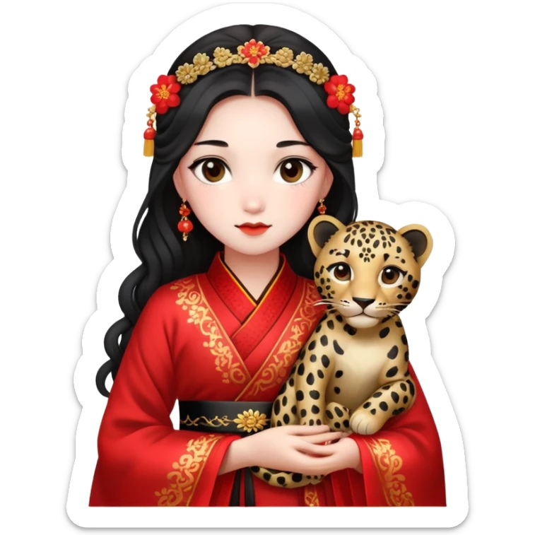 A beautiful girl in red Hanfu wedding dress is holding a black leopard sticker