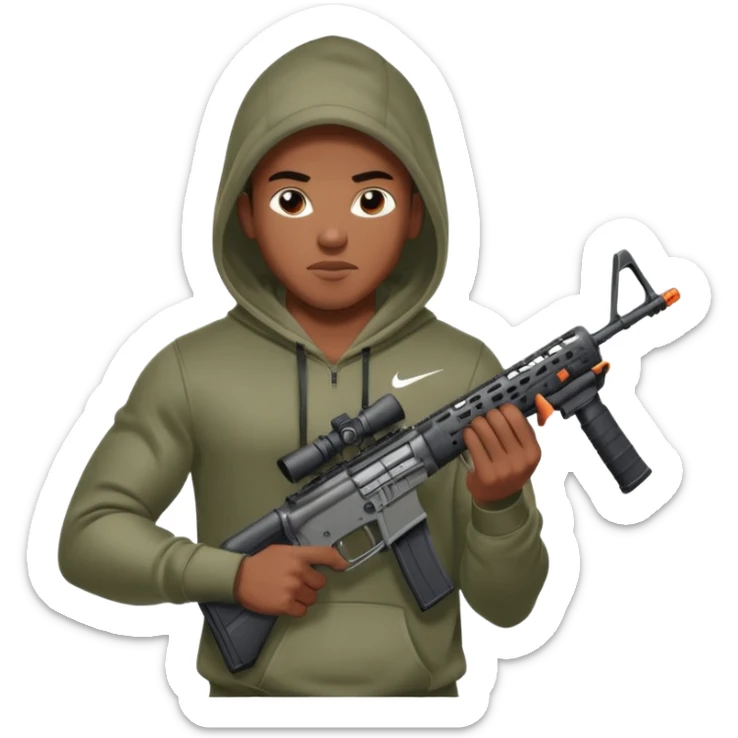 
Fais moi un jeune afro américain qui ressemble a un gangster qui tient une AR15 avec un hoodie a capuche, capuché, avec la cagoule nike therma fit hood sticker